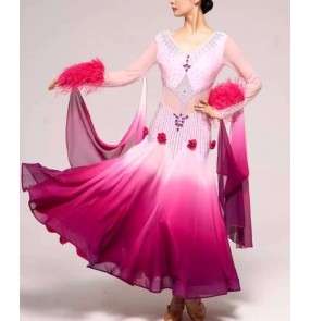 Custom size pink gradient competition feather ballroom dance dresses for women girls bling with float waltz tango foxtrot smooth dance long gown 